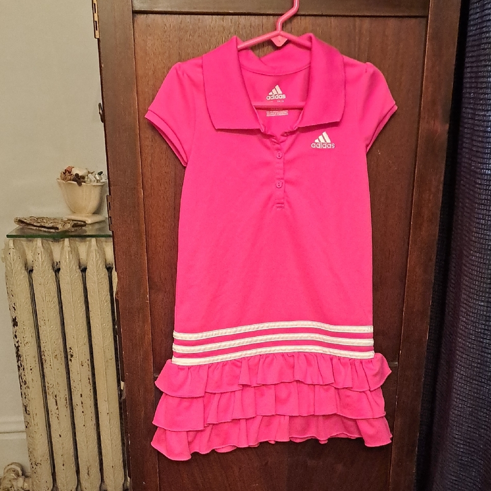 Adidas Girls Size 5 Hot Pink Stripe Logo Ruffle Hem Dress